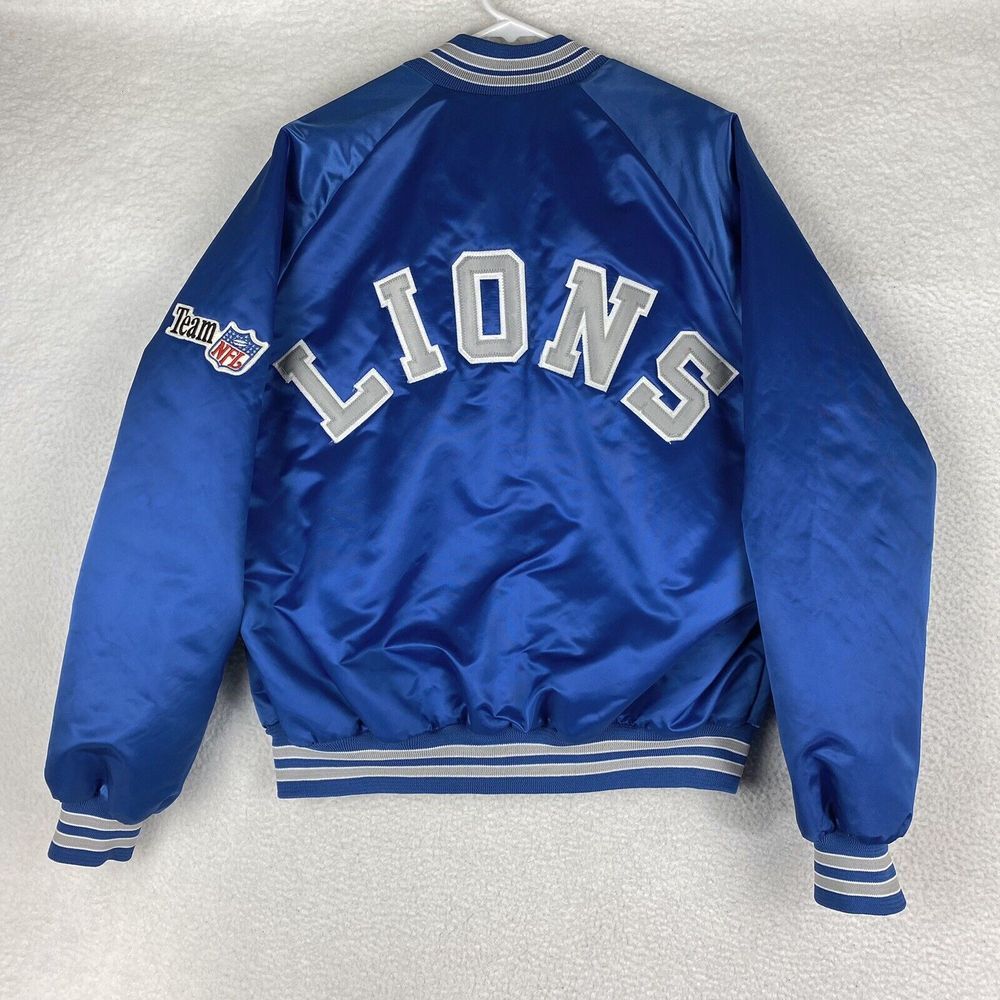 Vintage Detroit Lions Jacket Mens Sz L Blue Chalk Line NFL Satin Spellout *READ*